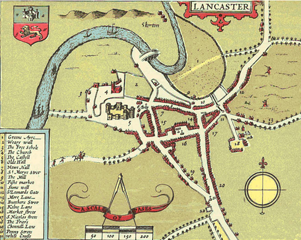 A hand drawn and coloured map showing a simple street plan of Lancaster in 1610. The layout is still recognisable in the roads at the heart of modern Lancaster. but none of the outer residential areas or suburbs exist on this plan..